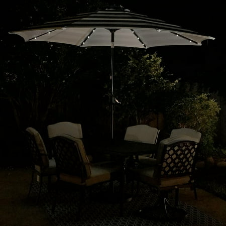 Sun Ray - 9' Round Solar Lighted Umbrella - Navy Striped
