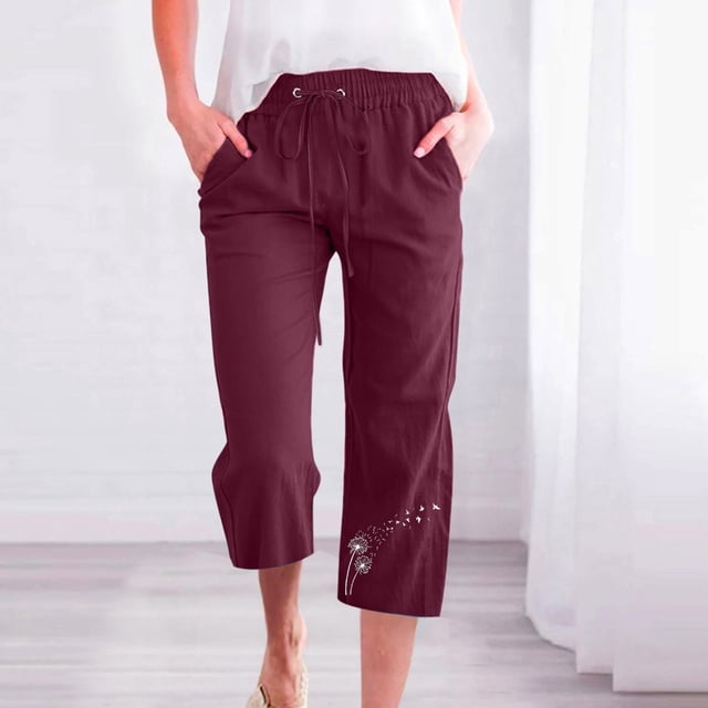 Jsaierl Womens Capris for Summer Cotton Linen Wide Leg Drawstring High Waist Capris Pants Plus Size Cropped Pants with Pockets