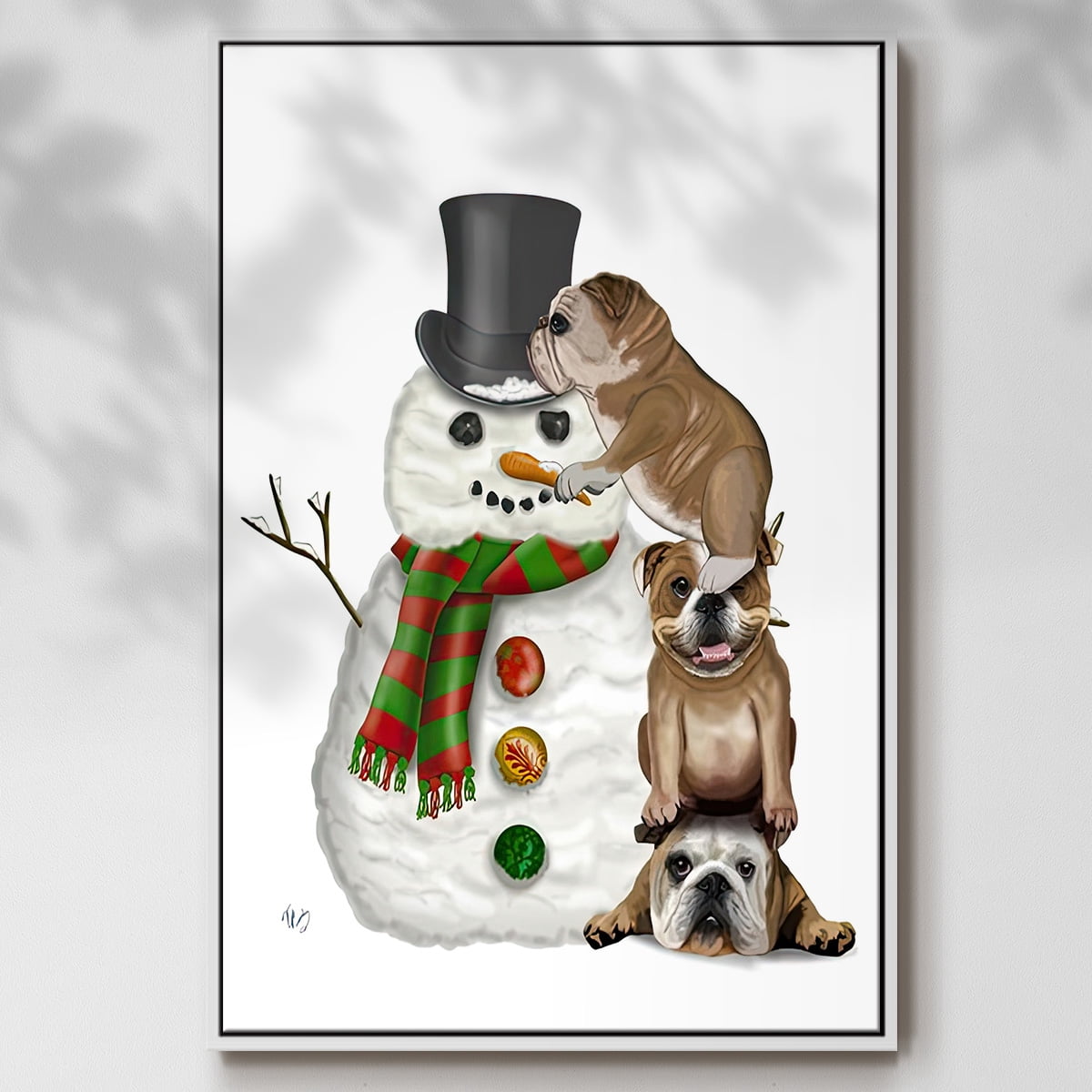 Christmas English Bulldogs Building Snowman - Framed Gallery Wrapped Holiday Canvas - 17 x 25 - White Frame