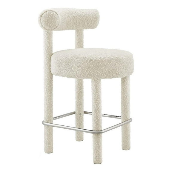 Pemberly Row 26" Upholstered Boucle Fabric Counter Stool in Ivory/Silver