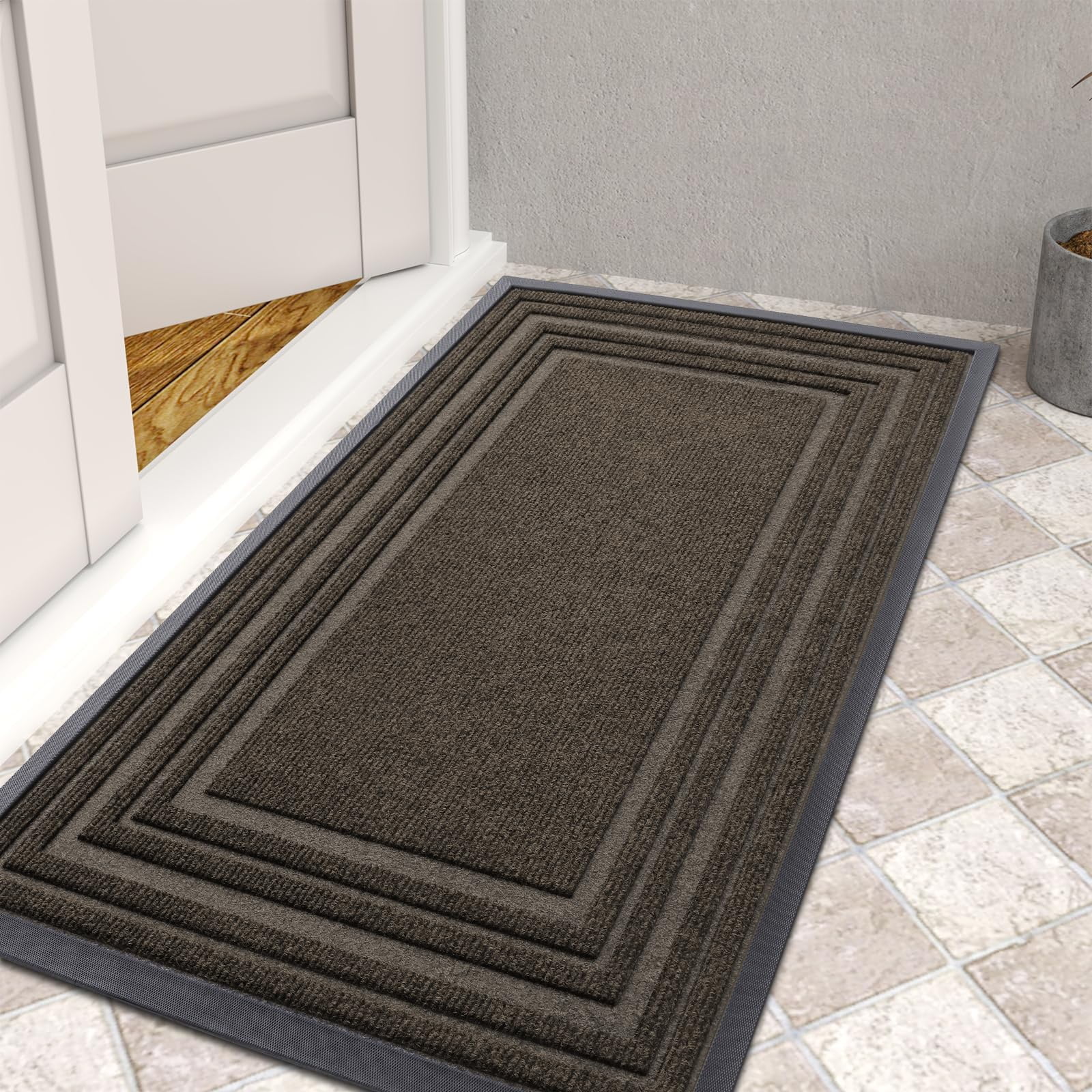 Buganda Heavy Duty Door Mats, Non Slip Waterproof Rubber Doormats for Outdoor and Indoor, Low Profile Dirt Trapper Entry Rugs, 36"x24", Brown