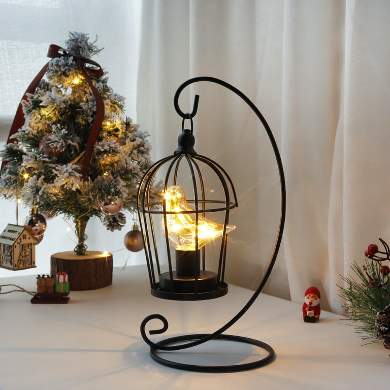 JHY DESIGN 12’’ High Battery Powered Lamp, Metal Birdcage Antique Lamp with  Bird Bulb (Black)