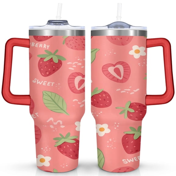 Strawberry Lover 40oz Tumbler - Stainless Steel Insulated Travel Mug with Handle & Straw - Sweet Strawberry Cake Watercolor Art