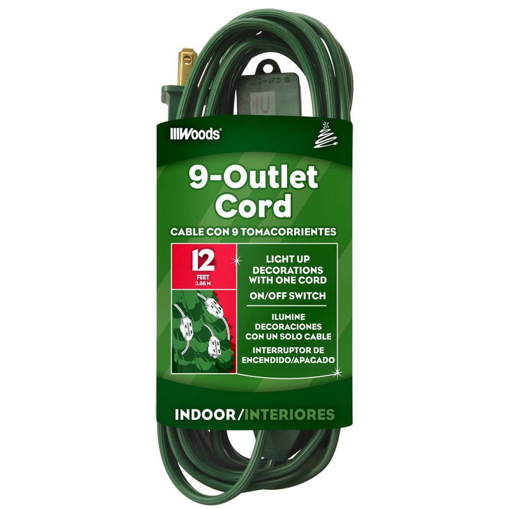 Woods 9Outlet Indoor Extension Cord, Green, 12Foot