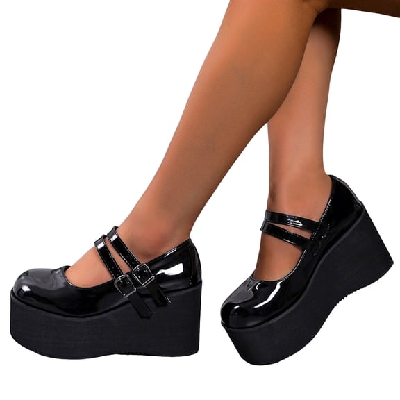 Juosiy Platform Wedge Mary Jane Shoes for Women Vintage Low Cut Buckle Strap Slip On Dressy Footwear