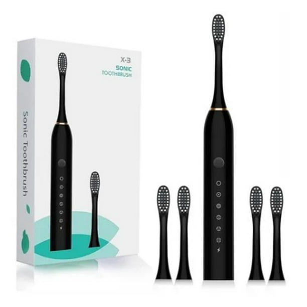 Cepillo de dientes eléctrico de 6 velocidades, recargable por USB, resistente al agua, con 4 cabezales para adultos y niños, color negro