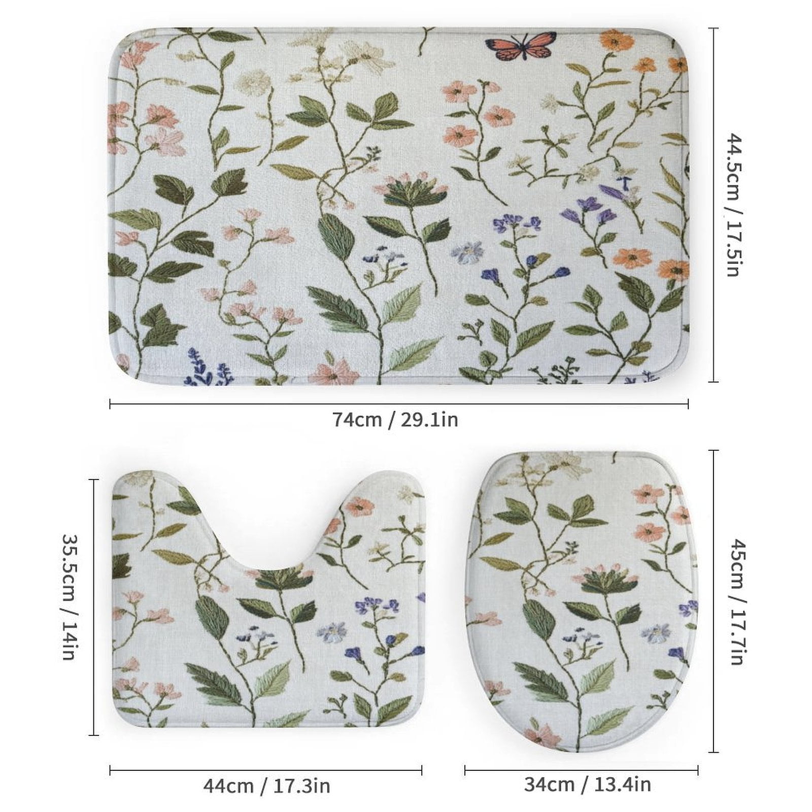 Sage Green Wild Flower Plant Shower Curtain Sets 4 Piece Shower Curtain Set with Non-Slip Rugs Toilet Lid Cover And Bath Mat Seasonal Floral Butterfly Durable And Waterproof for Bathroom Decor