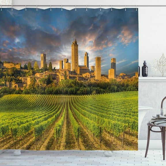 Ambesonne Italy Shower Curtain, San Gimignano Vineyards, 69"Wx84"L, Green Apricot Blue