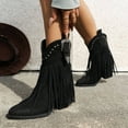thumbnail image 3 of Women's Long Fringe Wide Calf Cowgirl Boots Boho Casual Suede Chunky Block High Heel Mid Calf Cowboy Dress Short Booties Black Size 7.5, 3 of 6
