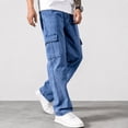 thumbnail image 4 of GrmtClth Men Casual Daily Cargo Jeans, Male Street Trousers, Wide Leg Multi Pocket Loose Denim Bottoms, Soft Denim Daily Fashion Garment Dark Blue XL, 4 of 5