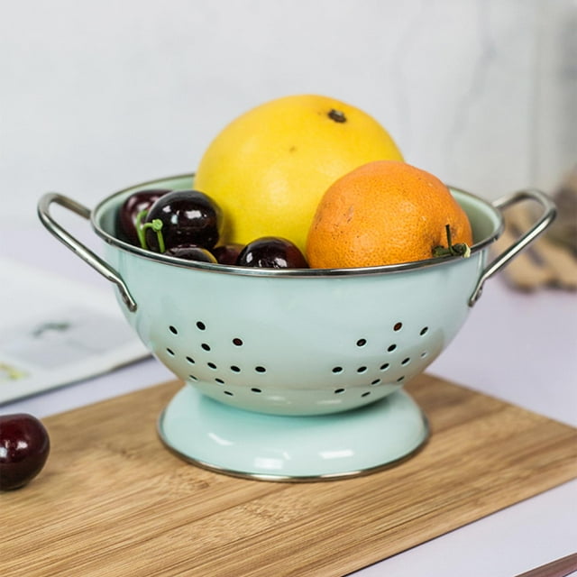Bol à Fruits Enrobé d'Émail avec Poignée Passoire Multifonction Bol de Service Petit Vert