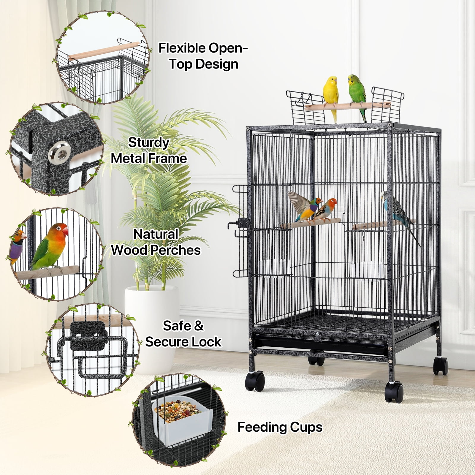 NiamVelo Bird Cage 35 Inch Wrought Iron Flight Birdcages for Cockatiels Parakeets Pigeons Parrot Lovebird with Rolling Stand Bird Playground, Black