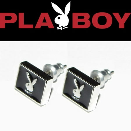 Mens Playboy Earrings Bunny Ear Stud Black Enamel Silver Platinum Plated