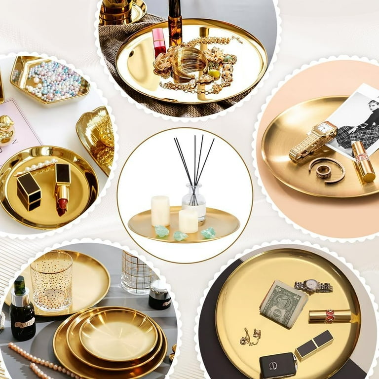 3pcs 11.7 inch Gold Round Serving Tray Stainless Steel Round Tray Gold Round Decorative Tray Perfume Organizer Candle Organization Centerpieces for