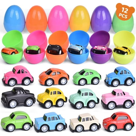 Fun Little Toys 12 PCs Easter Eggs Prefilled with Pull Back Cars Toy Vehicles for Easter Party Favors  Easter Basket Stuffers  Easter Egg Fillers  Goodie Bags Fillers  Classroom Prizes  Pinata Fillers