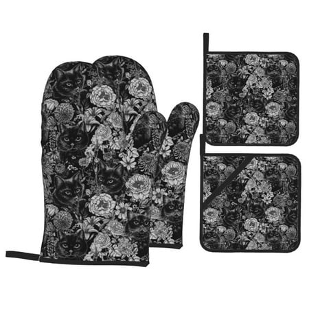 

Oven Mitts and Pot Holders Sets 4 pcs Black Cats In A Garden Non-Slip Oven Gloves Potholders Soft Quilted Lining Heat Resistant Gloves Hot Pads for Kitchen Cooking Baking
