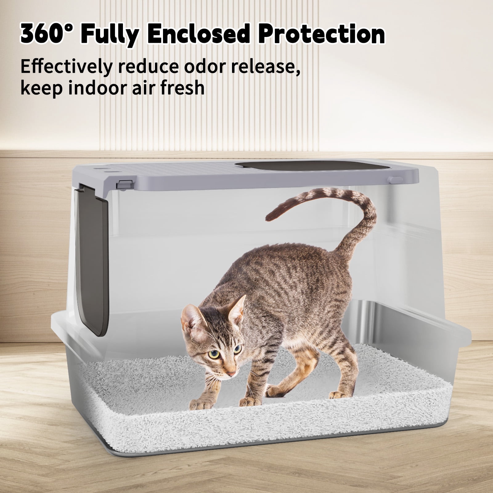 RIZZARI Enclosed Cat Litter Box: Large Top & Front Entry - High-Sided Anti-Scatter Design - Stainless Steel Odor Control - Easy Clean Teflon Non-Stick Coating- Gray Litter Pan - Entryway/Closet Nook