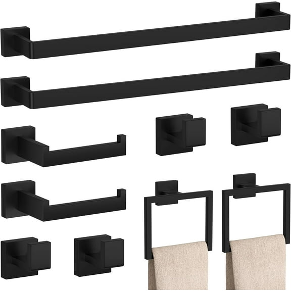 10-Pieces Matte Black Bathroom Accessories Set, 23.6 Inch Bath Towel Bar Set, SUS 304 Stainless Steel Bathroom Hardware Set, Towel Racks for Bathroom Wall Mounted.