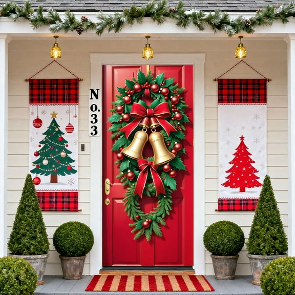 35 x 71 Inch Christmas Door Cover – Festive Nylon Spandex Christmas Bow Door Curtain – Holiday Door and Wall Decoration for Home, Party, and Office