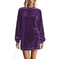 thumbnail image 2 of Women's Fall Dresses Crew Neck Long Sleeve Mini Party Ruffled Casual Tunic Velvet Wedding Guest Dress Purple XL, 2 of 7