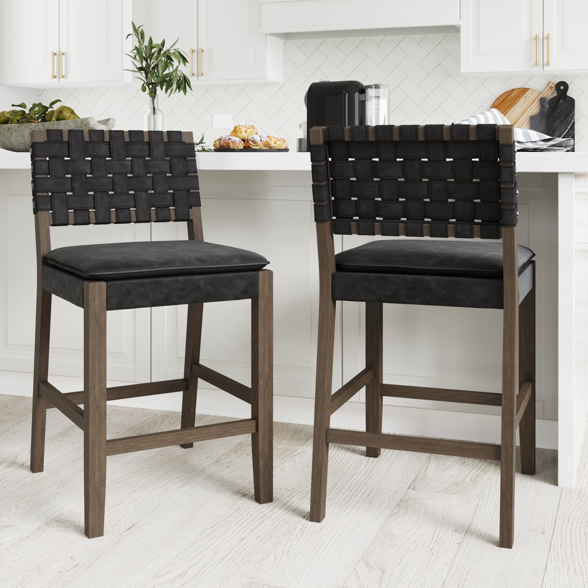 Nathan James Cohen Mid-Century Modern Leather Bar Stool, Counter Height Chair in Solid Wood Frame with Footrest and Woven Leather Back for Kitchen, Black, Set of 2