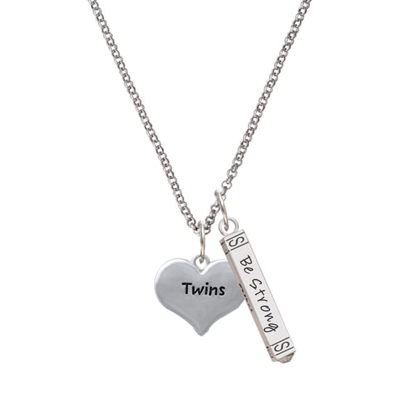 Delight Jewelry Twins Heart with Two Pair of Baby Feet Silvertone Be Strong and Courageous Bar Charm Necklace, 23"