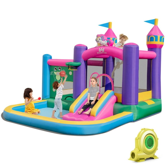 Costway 6-in-1 Kids Inflatable Bounce House with Slide Jumping Area Ball Pit Pools Castle with 735W Blower