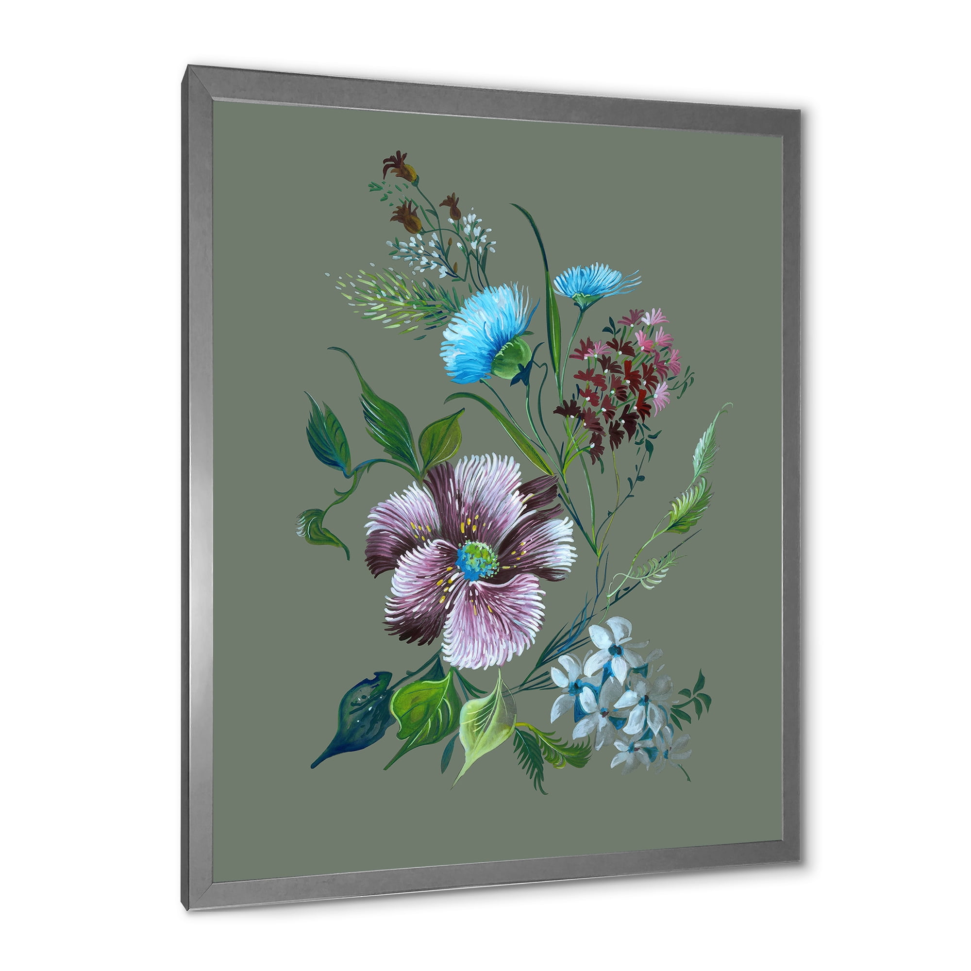 Turquoise and Purple Spring Flowers 16 in x 32 in Framed Painting Canvas Art Print, by Designart