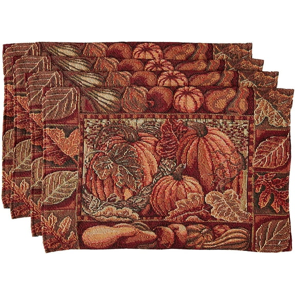Harvest Tapestry Pumpkins & Autumn Leaves Design Placemats, 13" X 19", Set of 4