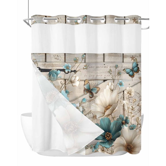 No Hook Shower Curtain with Snap-in Liner, Teal Tulip Butterfly Waterproof Fabric Bathroom Curtains, Beige Turquoise Floral Farmhouse Wooden Bath Curtains & Mesh Top Window 66"x72"