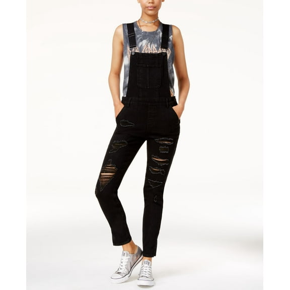 Dollhouse Juniors Ripped Split Leg Denim Overalls Black Wash 7
