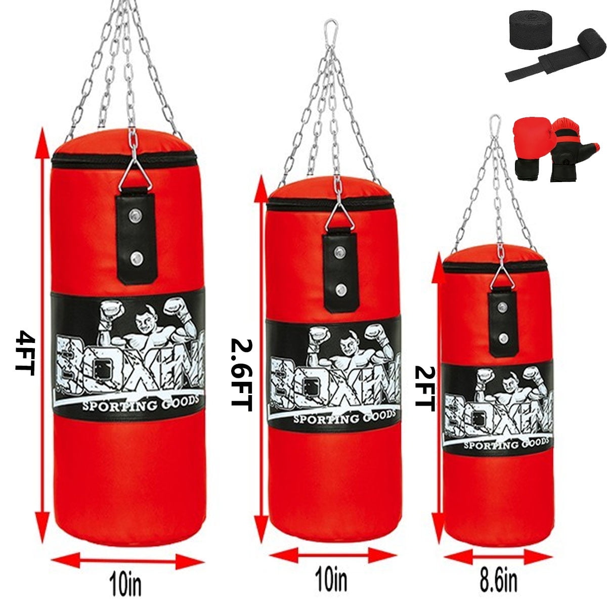 Kids Boxing Punching Bag Set - 2ft Leather Heavy Boxing Bag with Gloves & Bandage for Kids Children Youth Boxing, MMA, Home Gym & Martial Arts Training Equipment (Unfilled), Red