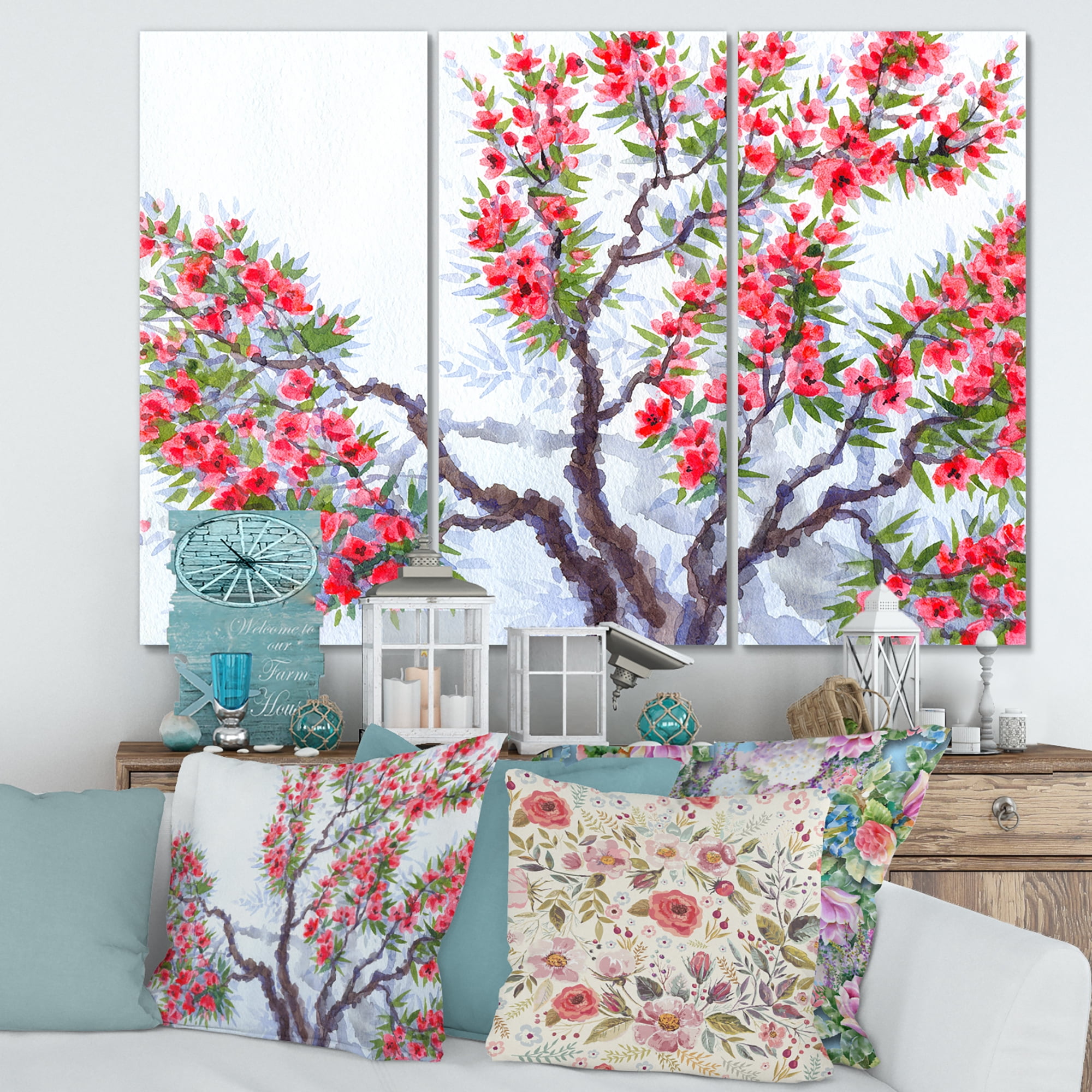 Designart ' Abstract Red Flowers of Spring Tree ' Traditional Canvas Wall Art Print