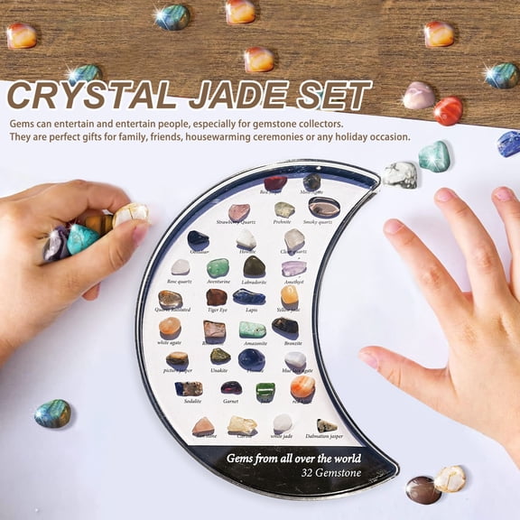 Dserhfy Moon Shape Natural Stone Box 32 Assorted Faux Gemstone Kit Educational Kids Mineral Stone Learning Display Acrylic Case Stone Collector Gift
