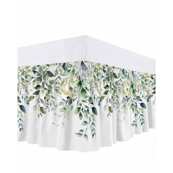 Pastoral Floral Plant Bed Skirt Sage Green Eucalyptus Leaves White Bed Skirts King Size 18 Inch Drop, Wrap Around Dust Ruffle Bedskirt with Adjustable Elastic Belt for Queen Size Beds
