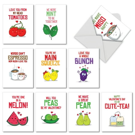 M5659VDG-B1x10 Romantic Yummy Puns 10 Assorted Valentine's Day Notecard Set with