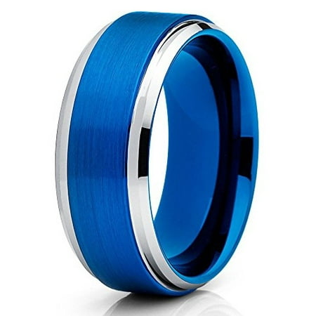 Tungsten Carbide Wedding Ring Band - Tungsten Wedding Band 8mm Tungsten Ring Brushed Blue Tungsten Carbide Men Women Comfort Fit Pipe Cut