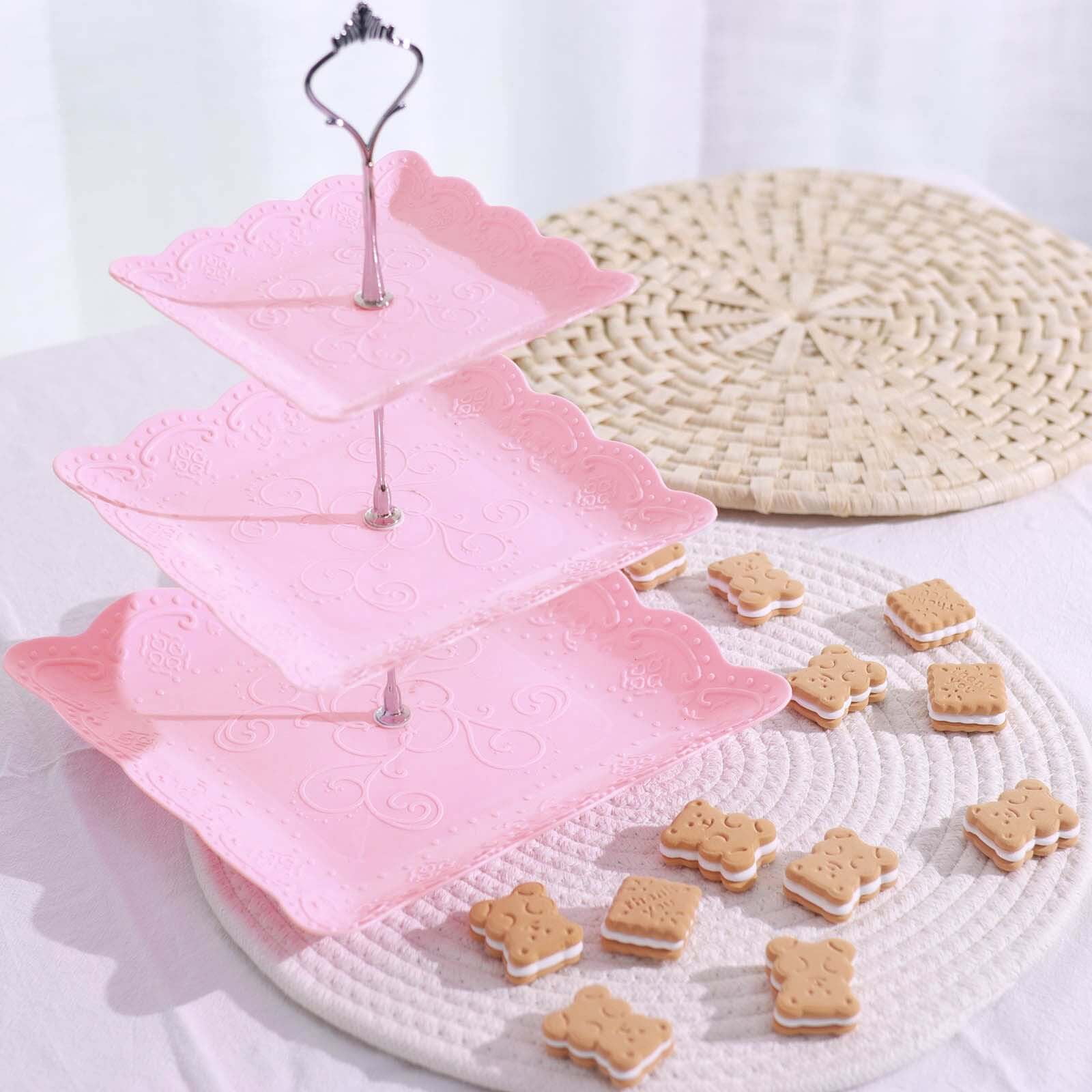 Efavormart 13" | 3 Tier Floral Print Cupcake Stand, Pink Square Dessert Tray Display Holder with Wavy Edges - Plastic
