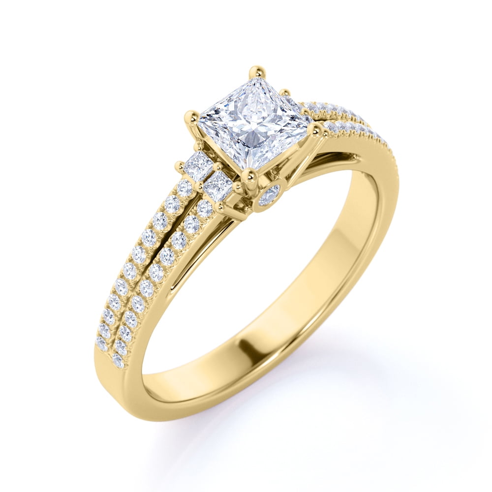 JeenMata 2.25 Carat Stunning Princess Cut - Pave Ring - Antique Ring - Split Shank Engagement Ring - 18K Yellow Gold Over Silver