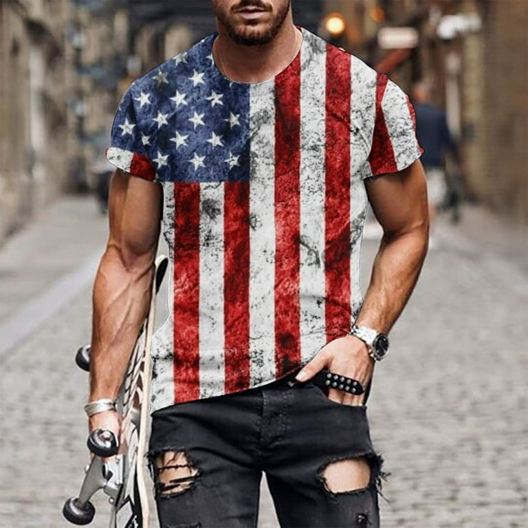 JUUYY Mens Summer Casual Popular Independence Day Round Neck
