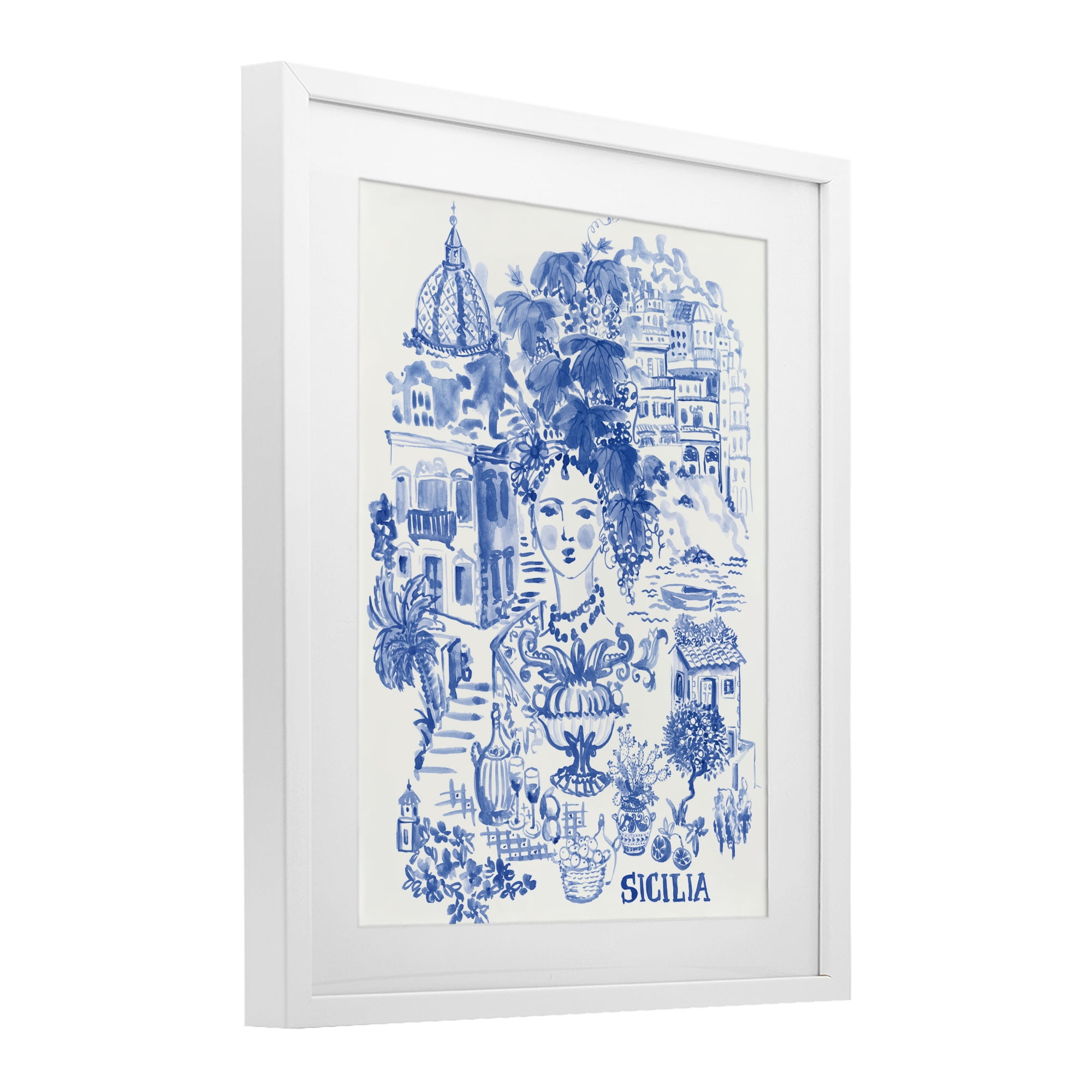 Stupell Industries Sicilia City In Blue White Framed Print Under Glass, design by Karolina Sato