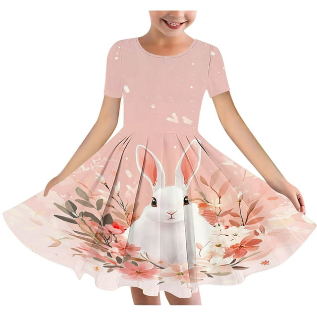 LOVZFMLL Robe Extensible à Manches Courtes Robe de Pâques à Manches Courtes Col Rond Jupe de Danse pour Enfants