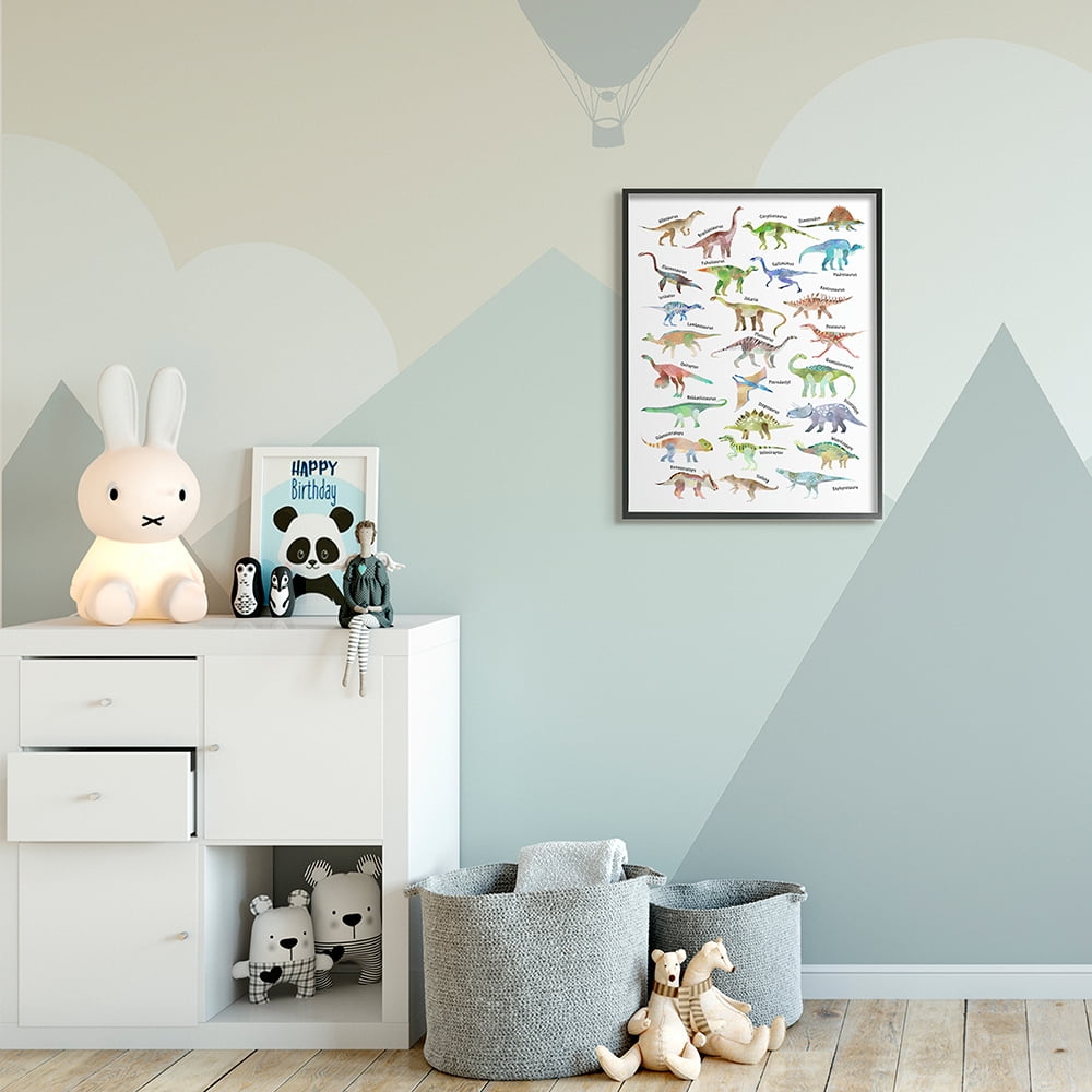 Stupell Industries Soft Watercolor Dinosaur Chart Playful Reptiles Black Framed by Ziwei Li