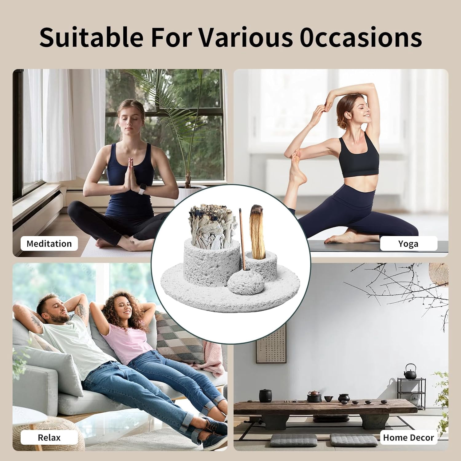 ABPETE 4-in-1 Cement Holder for Incense Sticks, Palo Santo, Sage Sticks & Candles - Multi-Purpose Burner for Aromatherapy & Meditation (Creamy)