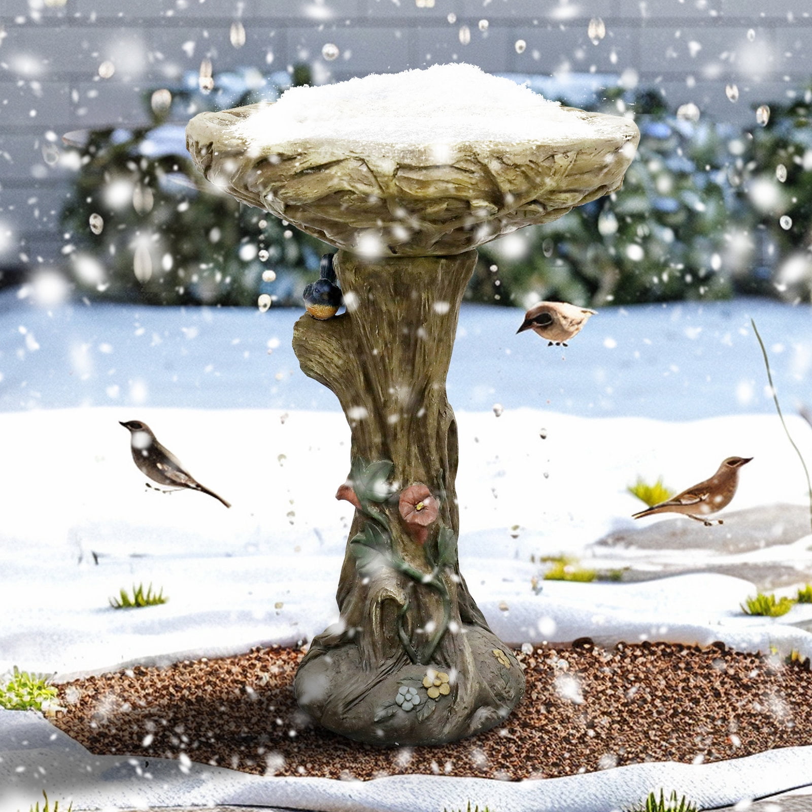 Hamiedun 25.5” H Concrete Birdbaths for Outdoors -Large Woodland Tree Trunk Yard Statue Decoration，Vintage Birdbath with Bird Figurines Yard Statue for Garden, Patio, Lawn, Backyard