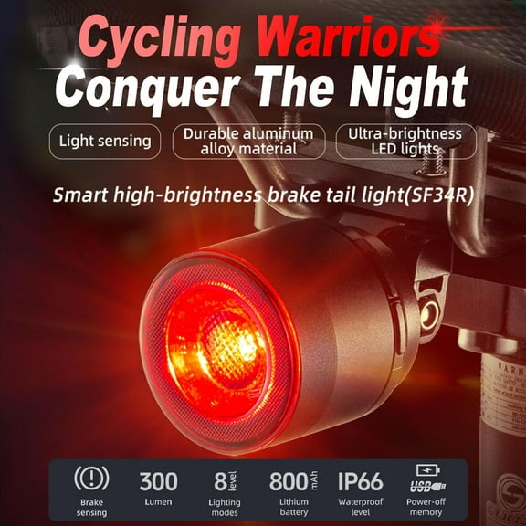 Smart Bike Tail Light with Brake Sensing, USB-C Rechargeable, IPX6 Waterproof