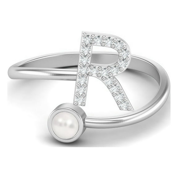 Capital R Initial Letter Natural Pearl Gemstone 925 Sterling Silver Women Mother's Day Gift Ring Adjustable Front Open Mother's Day Gift Ring Jewelry