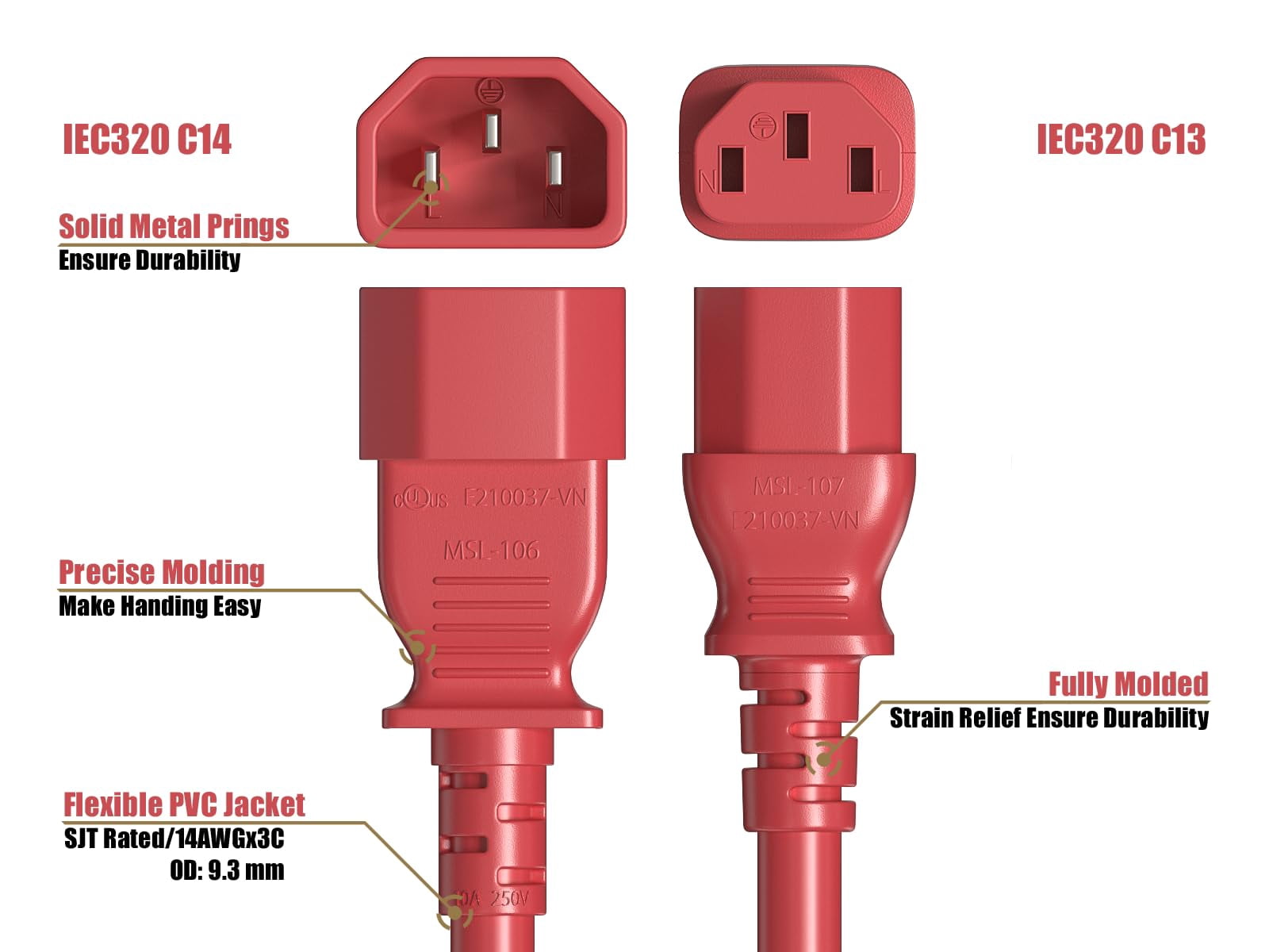 Cable Leader 15ft 14 AWG Computer Power Extension Cord IEC320 C13 to IEC320 C14, Red