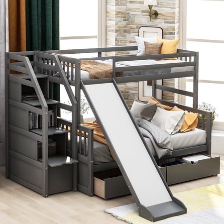 Stairway Bunk Beds Twin over Full with 2 Drawers and Slide  Multifunction Wood Loft Bed with Stairs Storage and Drawers for Kids  Adults Can be Divided into Two Beds