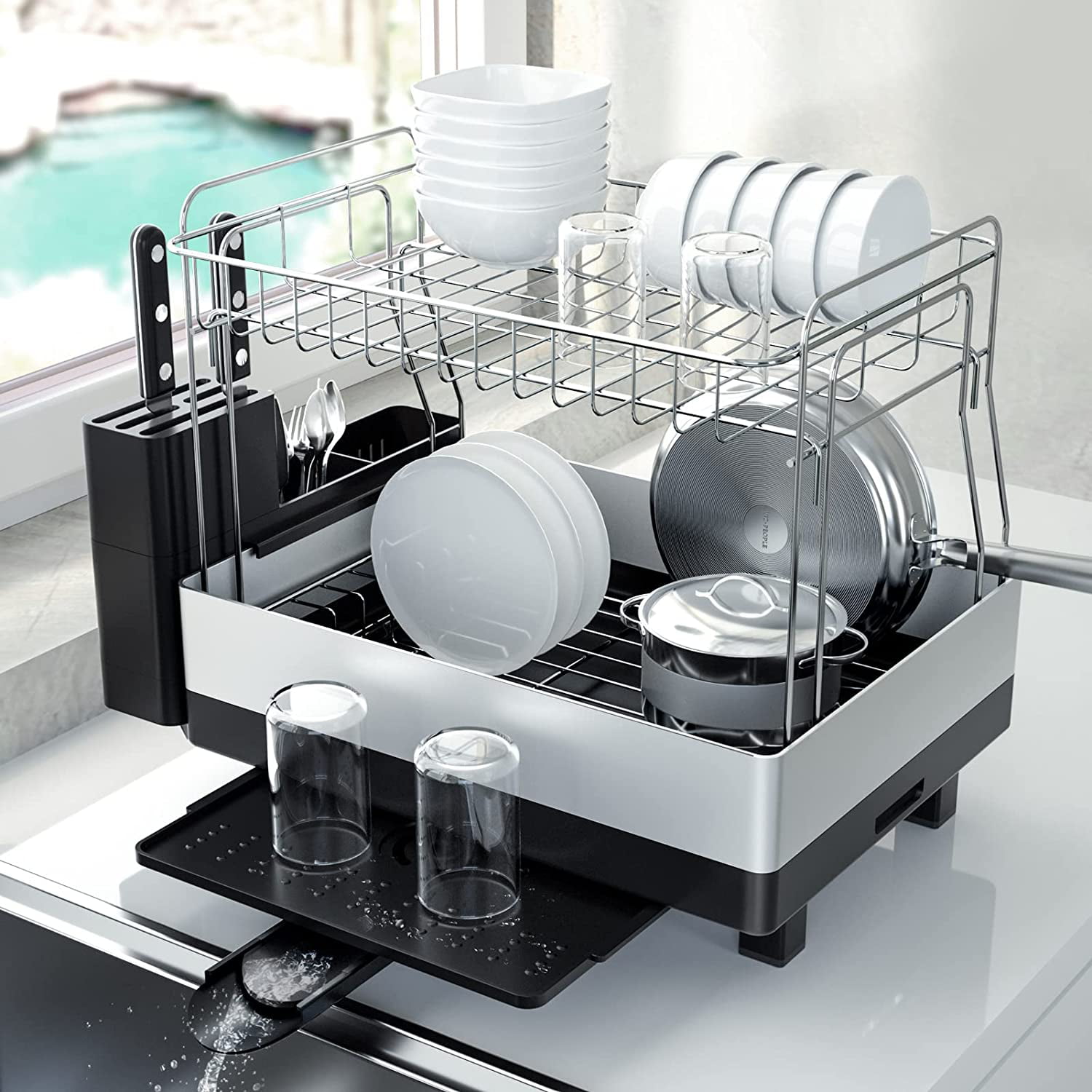 2-Tier Dish Drying Rack w/2 Water Collecting Trays&360°Swivel Spout Silver  Black